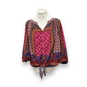 Figueroa & Flower Womens Floral Boho Blouse Size L Polyester Pink/Blue